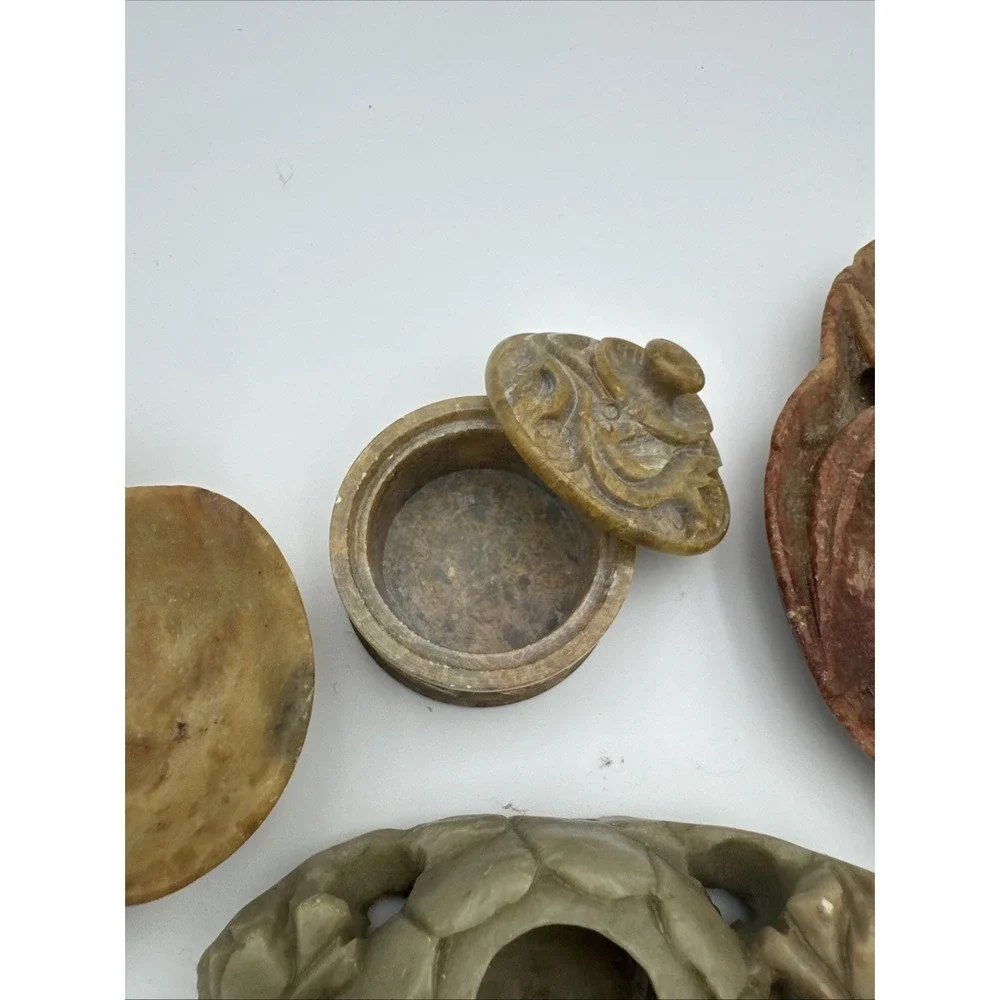 Lot of Four (4) Small Vintage Soapstone Motifs - Trinket Box Ashtray Inkwell
